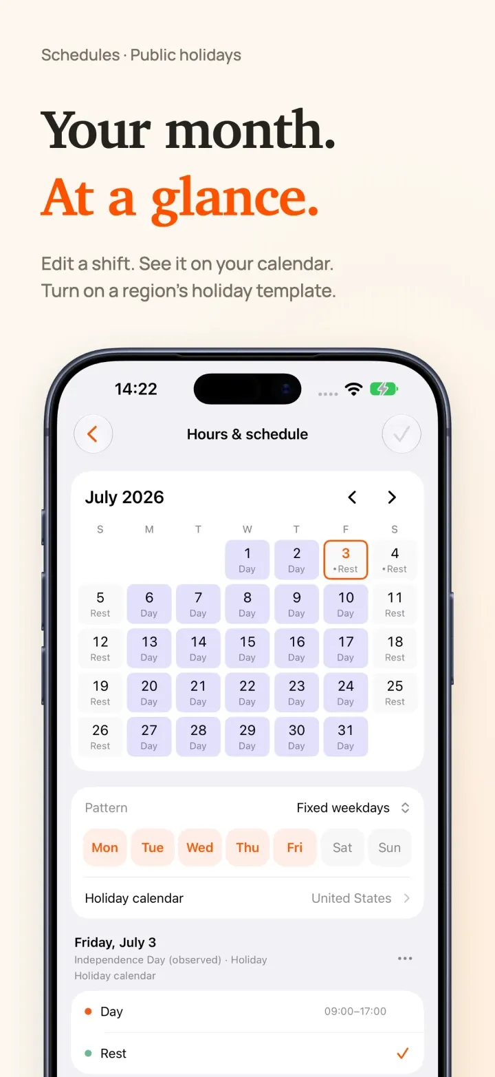 DoneAt’s monthly calendar on iPhone for July 2026, marking workdays, rest days and Independence Day, with the fixed-weekday pattern and the holiday calendar set to United States.