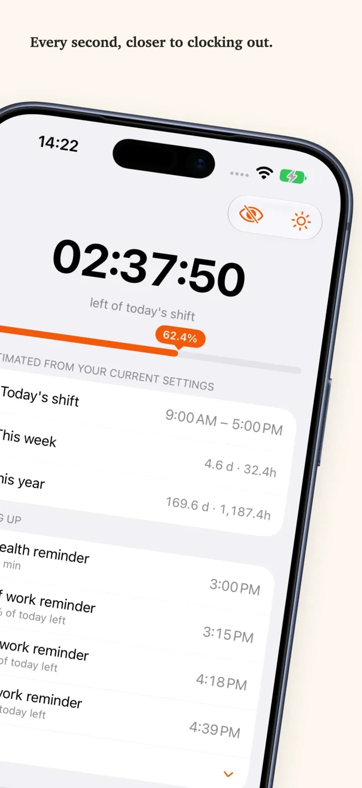 DoneAt on iPhone: the time left in today’s shift above a progress bar, followed by this week’s and this year’s hours and upcoming health and clock-out reminders.