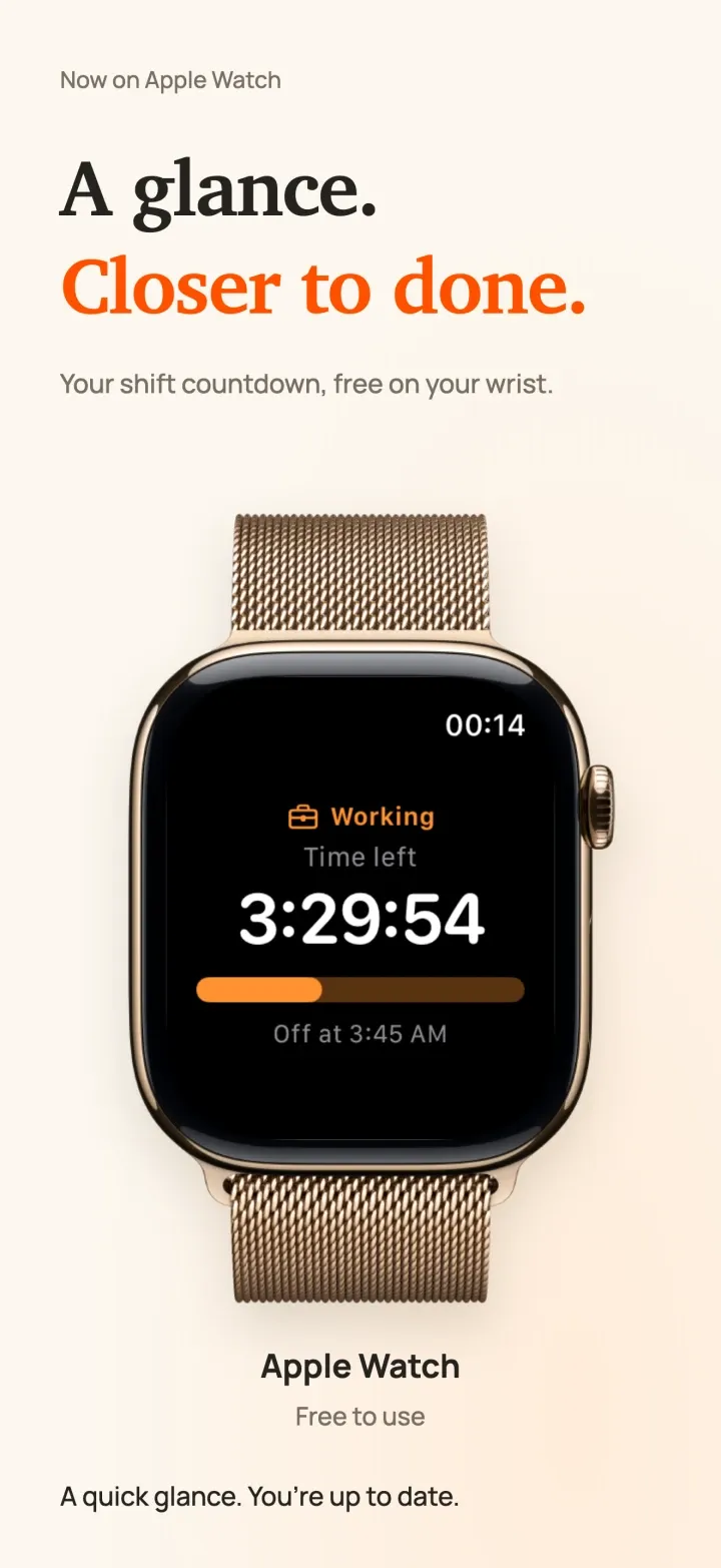 DoneAt on Apple Watch while working, showing the time left in the shift, a progress bar and the clock-out time.