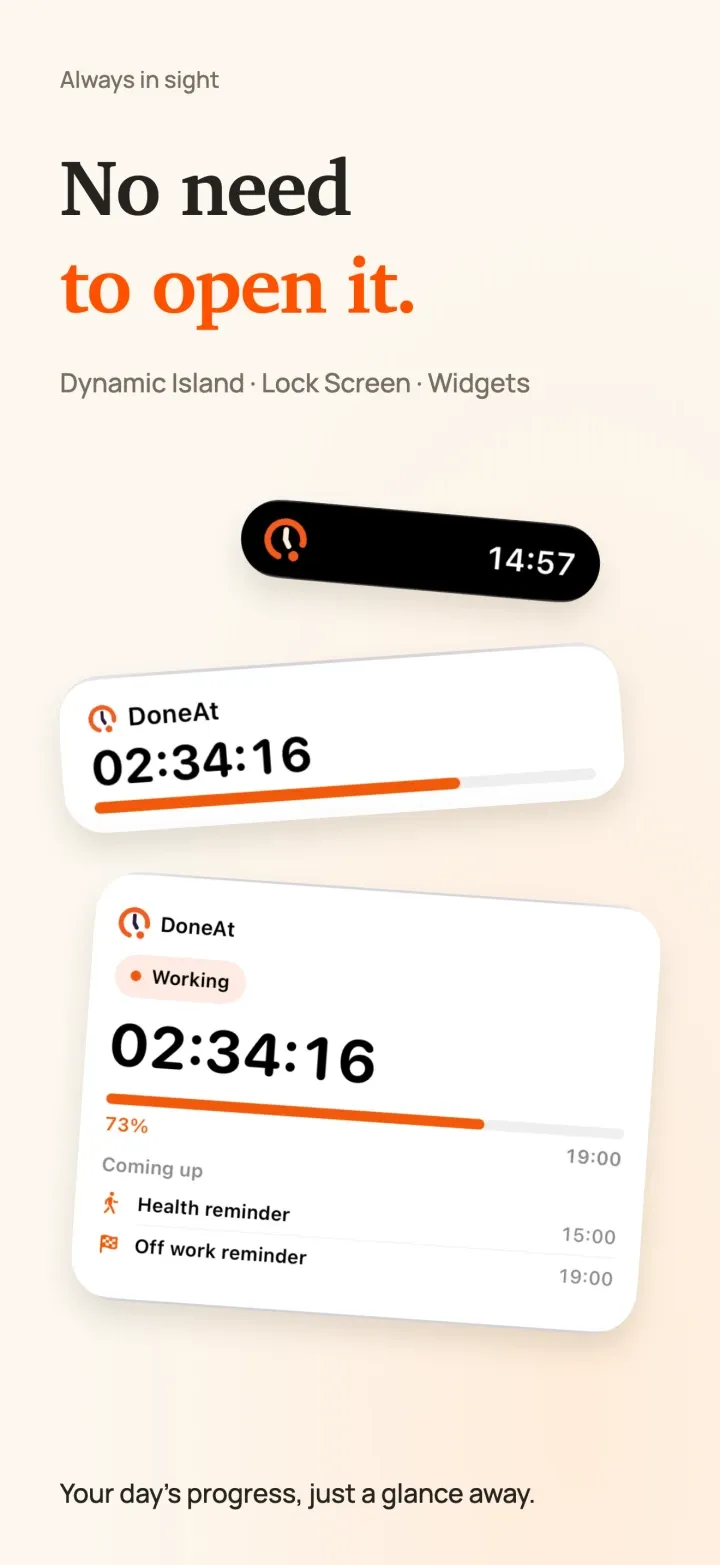 DoneAt in the Dynamic Island, as a Lock Screen Live Activity and as a Home Screen widget, each showing the time left in the shift, its progress and upcoming reminders.