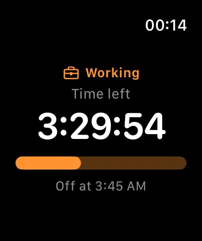 DoneAt on Apple Watch showing time left, shift progress and clock-out time